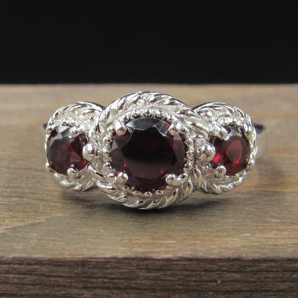 Vintage Triple Garnet Sterling Silver Ring, Sz 7